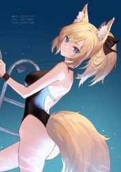 Rule 34 | 1girl, animal ear fluff, animal ears, arknights, backless swimsuit, black bow, black one-piece swimsuit, blue background, blue eyes, bow, breasts, cowboy shot, from behind, gogatsu fukuin, hair bow, highres, horse ears, horse girl, horse tail, long hair, looking at viewer, looking back, medium breasts, one-piece swimsuit, ponytail, pool ladder, simple background, smile, solo, swimsuit, tail, thick eyebrows, whislash (arknights)