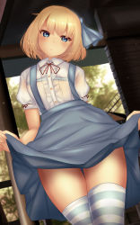 Rule 34 | 1girl, alice margatroid, alice margatroid (pc-98), blonde hair, blouse, blue eyes, blue hairband, blue ribbon, blue skirt, blue thighhighs, breasts, center frills, closed mouth, clothes lift, collared shirt, commentary request, frills, hair ribbon, hairband, head tilt, highres, neck ribbon, puffy short sleeves, puffy sleeves, red ribbon, ribbon, see-through, see-through shirt, shirt, short sleeves, shounen (hogehoge), skirt, skirt lift, small breasts, solo, striped clothes, striped thighhighs, suspender skirt, suspenders, thighhighs, touhou, white shirt, white thighhighs