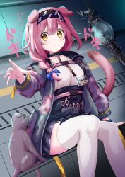 Rule 34 | 1girl, animal, arknights, arm support, black jacket, black skirt, blush, braid, breasts, brown eyes, cat, commentary request, feet out of frame, flying sweatdrops, garter straps, goldenglow (arknights), green eyes, hair between eyes, hair over shoulder, highres, jacket, long hair, long sleeves, open clothes, open jacket, orb, panikuru yuuto, parted lips, pink hair, puffy long sleeves, puffy sleeves, scissors, shirt, single braid, sitting, skirt, small breasts, solo, staff, sweat, thighhighs, white shirt, white thighhighs