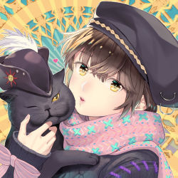 Rule 34 | 1girl, black cat, black headwear, blush, bow, brown eyes, brown hair, cat, fingernails, hat feather, head tilt, highres, huacai, long sleeves, looking at viewer, one eye closed, original, parted lips, pink bow, pink lips, pink scarf, plume, portrait, scarf, sleeves past wrists, sun print, sun symbol, sweater