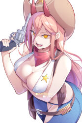 Rule 34 | 1girl, bandana, belt, blonde hair, breasts, chainsaw man, cleavage, cowboy, cowboy hat, cross-shaped pupils, gun, hair between eyes, handgun, hat, highres, holster, horns, hot vr, large breasts, long hair, looking at viewer, navel, open mouth, power (chainsaw man), red horns, revolver, sharp teeth, sheriff badge, smile, solo, symbol-shaped pupils, teeth, weapon, western