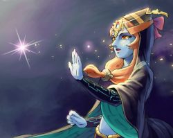 Rule 34 | 1girl, blue skin, bow, brown eyes, brown sclera, colored sclera, colored skin, commentary request, from side, glowing, gradient background, hair bow, hand up, highres, hood, hood up, light particles, long hair, long sleeves, low twintails, midna, midna (true), nintendo, open mouth, orange hair, pink bow, pointy ears, saburou (jako), smile, the legend of zelda, the legend of zelda: twilight princess, twintails, upper body