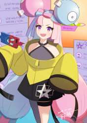 Rule 34 | 1girl, :d, bow-shaped hair, character hair ornament, collarbone, commentary request, creatures (company), game freak, gen 4 pokemon, grey pantyhose, grey shirt, hair ornament, happy, highres, iono (pokemon), jacket, long hair, multicolored hair, nintendo, open mouth, pantyhose, pink hair, pokemon, pokemon sv, purple eyes, rotom, rotom phone, shirt, single leg pantyhose, sleeveless, sleeveless shirt, sleeves past fingers, sleeves past wrists, smile, star (symbol), star print, tarouhakase, teeth, thigh strap, two-tone hair, upper teeth only, yellow jacket