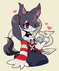 Rule 34 | 1girl, animal ears, bare shoulders, blue skin, colored skin, detached collar, detached sleeves, hair over one eye, leviathan (skullgirls), long hair, side ponytail, skull, skullgirls, squigly (skullgirls), stitched mouth, stitches, striped, striped sleeves, tail, wolf ears, zombie