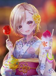 Rule 34 | 1girl, :3, :d, asymmetrical hair, balloon, blonde hair, blue kimono, blurry, blurry background, blush, bokeh, bracelet, braid, braided bangs, candy apple, check commentary, commentary request, depth of field, floral print kimono, flower, food, hair flower, hair ornament, highres, holding, holding balloon, holding food, japanese clothes, jewelry, kimono, looking at viewer, obi, open mouth, original, red sash, sash, shaved ice, short hair, smile, solo, upper body, yellow eyes, yellow flower, yugaa