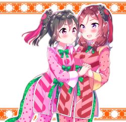Rule 34 | 2girls, absurdres, black hair, blush, bow, bowtie, bun cover, clothing request, commentary request, glitter, green neckwear, highres, holding hands, long sleeves, looking at another, love live!, love live! school idol project, medium hair, multiple girls, nishikino maki, open mouth, polka dot, puckered lips, purple eyes, red eyes, red hair, rinne (mizunosato), sidelocks, tassel, twintails, v-shaped eyebrows, yazawa nico, yuri