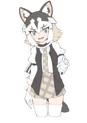 Rule 34 | 1girl, absurdres, animal ears, blush, brown hair, brown scarf, brown vest, collared shirt, cowboy shot, eastern wolf (kemono friends), fang, gloves, green eyes, grey necktie, grey skirt, hair between eyes, highres, juliet sleeves, kemono friends, long sleeves, looking at viewer, multicolored hair, necktie, okome kogashi, open clothes, open mouth, open vest, plaid, plaid necktie, plaid skirt, pleated skirt, puffy sleeves, scarf, shirt, short hair, sidelocks, skirt, solo, tail, thighhighs, two-tone hair, two-tone scarf, vest, white gloves, white hair, white scarf, white shirt, white thighhighs, wolf ears, wolf girl, wolf tail, zettai ryouiki