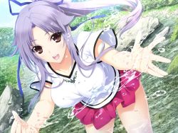 Rule 34 | 1girl, blush, bouncing breasts, breasts, brown eyes, forest, game cg, hair ornament, happy, iizuki tasuku, large breasts, legs, long hair, looking at viewer, lovely x cation 2, narukawa hime, nature, open mouth, ponytail, purple hair, rock, skirt, smile, solo, standing, thighs, tree, water