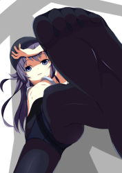 Rule 34 | 10s, 1girl, akatsuki (kancolle), blue eyes, feet, foot focus, from below, hand on forehead, hat, kantai collection, long hair, looking at viewer, no shoes, panties, pantyhose, pov, purple hair, soles, toes, underwear