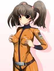 Rule 34 | 10s, 1girl, bodysuit, breasts, brown eyes, brown hair, looking at viewer, misaki yuria, nenngajyoh, shiny clothes, skin tight, solo, twintails, uchuu senkan yamato, uchuu senkan yamato 2199, uniform