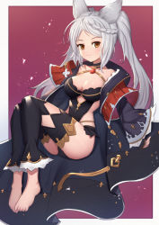 Rule 34 | 1girl, animal ears, ass, barefoot, black coat, black legwear, black leotard, braid, breasts, brown eyes, cleavage, closed mouth, coat, commentary request, erune, fraux, granblue fantasy, highres, large breasts, leotard, long hair, long sleeves, looking at viewer, open clothes, open coat, silver hair, sleeves past wrists, smile, solo, twintails, uneg, very long hair, wide sleeves