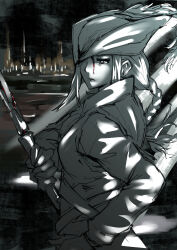 Rule 34 | 1girl, black background, blood, blood on face, bloodborne, braid, breasts, brown background, closed mouth, hat, hat feather, highres, holding, holding weapon, lady maria of the astral clocktower, long hair, long sleeves, medium breasts, multicolored background, sheath, solo, tricorne, unsheathing, valtor, weapon