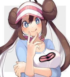 Rule 34 | 1girl, blue eyes, blush, bow, breasts, bright pupils, brown hair, closed mouth, collarbone, commentary request, creatures (company), double bun, game freak, hair bun, highres, long hair, looking at viewer, nintendo, pink bow, pokemon, pokemon bw2, raglan sleeves, ririmon, rosa (pokemon), shirt, smile, solo, tongue, tongue out, twintails, upper body, visor cap, white pupils