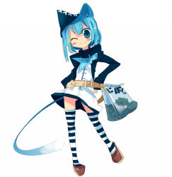 Rule 34 | animal ears, blue eyes, blue hair, cat ears, kanikama, one eye closed, skirt, solo, striped clothes, striped thighhighs, thighhighs, wink