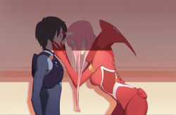 Rule 34 | 10s, 1boy, 1girl, absurdres, ashi931225, black bodysuit, black hair, blue eyes, bodysuit, breasts, couple, darling in the franxx, closed eyes, forehead-to-forehead, from side, gloves, green eyes, hair ornament, hairband, hand on another&#039;s face, heads together, highres, hiro (darling in the franxx), horns, long hair, medium breasts, oni horns, pilot suit, pink hair, red bodysuit, red gloves, red horns, short hair, white hairband, zero two (darling in the franxx)