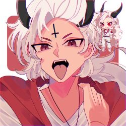 Rule 34 | 1boy, cross, cross tattoo, demon boy, demon horns, fangs, highres, horns, inverted cross, jewelry, long hair, male focus, mini person, miniboy, necklace, open mouth, red eyes, satan (what in hell is bad), shirt, tongue, tongue out, track suit, upper body, what in hell is bad, white hair, white shirt