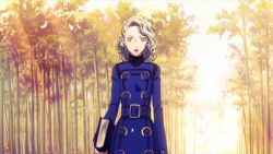 Rule 34 | 1girl, belt, blonde hair, book, brown eyes, curly hair, female focus, forest, holding, holding book, lipstick, long hair, long sleeves, looking at viewer, makeup, margaret, margaret (persona), nature, outdoors, persona, persona 4, solo, tree