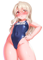 Rule 34 | 1girl, blue one-piece swimsuit, blush, breasts, cameltoe, cleft of venus, covered navel, fate/kaleid liner prisma illya, fate (series), hair between eyes, highres, illyasviel von einzbern, long hair, looking at viewer, name tag, one-piece swimsuit, open mouth, red eyes, school swimsuit, sidelocks, small breasts, solo, swimsuit, white background, white hair, zirba