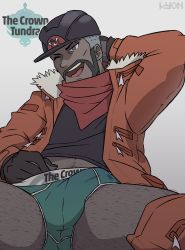 Rule 34 | 1boy, absurdres, alolan boy, arm behind head, artist name, bad id, bad twitter id, black headwear, body hair, briefs, brown gloves, bulge, commentary, creatures (company), dark-skinned male, dark skin, english commentary, expedition uniform, facial hair, fur-trimmed jacket, fur trim, game freak, gloves, green briefs, green male underwear, grey eyes, grey male underwear, helmet, highres, jacket, leg hair, long sleeves, male focus, male underwear, nintendo, one eye closed, open clothes, open jacket, open mouth, orange jacket, orange pants, pants, pants around one leg, peony (pokemon), pokemon, pokemon swsh, short hair, smile, solo, spread legs, stained clothes, teeth, thighs, tongue, undercut, underwear, watermark