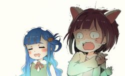 Rule 34 | 2girls, :d, ahoge, animal ears, asari nanami, blue hair, blunt bangs, blush, blush stickers, brown hair, cat ears, closed eyes, collared shirt, drooling, fangs, fish hair ornament, gomennasai, green jacket, grey background, hair ornament, idolmaster, idolmaster cinderella girls, jacket, long hair, long sleeves, maekawa miku, multiple girls, neck ribbon, one side up, open clothes, open jacket, open mouth, pink shirt, red ribbon, ribbon, round teeth, saliva, shirt, simple background, smile, surprised, sweat, sweater vest, teeth, trembling, upper teeth only, v-shaped eyebrows, wavy hair, white shirt