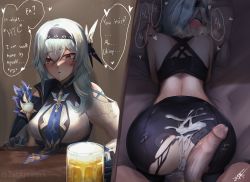 Rule 34 | 1boy, 1girl, absurdres, aftersex, alcohol, ass, bed, bed sheet, bedroom, beer, bike shorts, blue hair, breasts, bukkake, clothing aside, cum, cum in ass, cum in pussy, cum on body, drinking, drunk, eula (genshin impact), forced, genshin impact, hiccup, highres, huge ass, large breasts, large penis, lingerie, messy hair, non-web source, orange eyes, penis, self-upload, sports bra, sportswear, torn clothes, torn legwear, uncensored, underwear