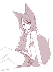 Rule 34 | 1girl, animal ear fluff, animal ears, bare shoulders, bike shorts, commentary, eyes visible through hair, fox ears, fox tail, greyscale, highres, long hair, looking at viewer, miniskirt, monochrome, original, pleated skirt, sitting, skirt, sleeveless, smile, solo, sub-res, tail
