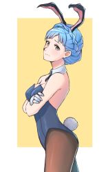 Rule 34 | 1girl, animal ears, bare shoulders, blue hair, breasts, cleavage, collar, crossed arms, fake animal ears, fire emblem, fire emblem: three houses, gloves, grey eyes, grimmelsdathird, highres, leotard, looking at viewer, marianne von edmund, medium breasts, necktie, nintendo, pantyhose, playboy bunny, rabbit ears, rabbit tail, solo, standing, tail, white gloves
