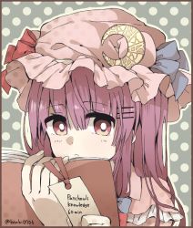 Rule 34 | 1girl, artist name, bad id, bad twitter id, book, bow, capelet, character name, crescent, hair bow, hair ornament, hairclip, hat, hat bow, henki (orange), long hair, looking at viewer, mob cap, open book, patchouli knowledge, polka dot, polka dot background, portrait, purple eyes, purple hair, simple background, solo, touhou