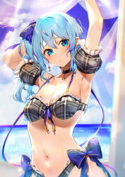 Rule 34 | 1girl, :o, alternate breast size, armpits, arms up, bare shoulders, beach, bikini, black choker, blue bow, blue eyes, blue hair, blush, bow, breasts, choker, commentary request, day, detached sleeves, earrings, frilled sleeves, frills, front-tie bikini top, front-tie top, grey bikini, hair bow, hair ribbon, highres, hololive, hoshimachi suisei, hoshimachi suisei (1st costume), jewelry, kasumi komo, long hair, looking at viewer, medium breasts, navel, ocean, outdoors, parted lips, plaid, plaid bikini, ribbon, side-tie bikini bottom, side ponytail, solo, star (symbol), star in eye, stomach, string bikini, swimsuit, symbol in eye, thighhighs, upper body, virtual youtuber