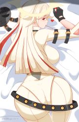 Rule 34 | 1girl, ahoge, all fours, arc system works, ass, bed sheet, belt, bodysuit, breasts, come hither, from above, from behind, gloves, guilty gear, guilty gear xrd, guilty gear xrd: revelator, halo, heart, highres, huge ass, jack-o&#039; valentine, jellcaps, large breasts, long hair, looking at viewer, mask, unworn mask, multicolored hair, platinum blonde hair, red eyes, red hair, sideboob, skin tight, smile, solo, top-down bottom-up, very long hair