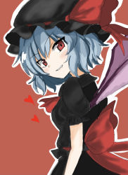 Rule 34 | 1girl, alternate color, back bow, bad id, bad pixiv id, bat wings, black dress, blush, bow, dress, hat, heart, light smile, looking at viewer, looking back, mob cap, outline, puffy short sleeves, puffy sleeves, red background, red eyes, remilia scarlet, short sleeves, solo, theon (te2eo), touhou, touhou lostword, white outline, wings