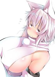 Rule 34 | 1girl, alternate eye color, animal ears, arms at sides, bare shoulders, blush, breasts, closed mouth, detached sleeves, fang, fang out, flying sweatdrops, from above, from side, gradient hair, hair between eyes, highres, inubashiri momiji, large breasts, light purple hair, looking at viewer, looking up, multicolored hair, pink eyes, pom pom (clothes), shiny skin, shirt, shishi juuroku, short eyebrows, sideboob, simple background, sleeveless, sleeveless shirt, smile, solo, thick eyebrows, touhou, turtleneck, upper body, white background, white hair, white shirt, wolf ears
