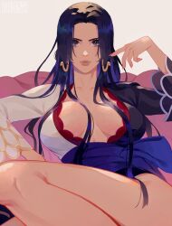 Rule 34 | 1girl, black hair, blue sash, boa hancock, breasts, cleavage, closed mouth, earrings, grey background, highres, jewelry, large breasts, long hair, looking at viewer, one piece, sash, signature, sitting, snake earrings, solo, thighs, vonnabeee