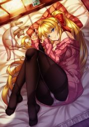 Rule 34 | 1girl, ahoge, alarm clock, animal, bad id, bad pixiv id, bare shoulders, bed sheet, black pantyhose, blonde hair, blue eyes, bow, breasts, cat, clock, closed mouth, dress, feet, fetal position, fingernails, full body, hair bow, hair intakes, highres, long hair, looking at viewer, medium breasts, no shoes, off shoulder, on bed, original, panties, panties over pantyhose, pantyhose, pillow, pink sweater, ponytail, red bow, ribbed sweater, shade, shirokuma a, sidelocks, sleeping, sleeves past wrists, smile, sweater, sweater dress, thighband pantyhose, underwear, very long hair, white panties, window, window shadow, wooden floor