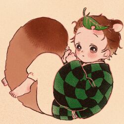 Rule 34 | 1boy, aged down, animal ears, barefoot, between legs, blush, brown hair, checkered clothes, child, extra ears, fetal position, from side, full body, green kimono, hair slicked back, highres, japanese clothes, kamado tanjirou, kemonomimi mode, kimetsu no yaiba, kimono, leaf, leaf on head, long sleeves, looking at viewer, male focus, pants, raccoon boy, raccoon ears, raccoon tail, sash, scar, scar on face, scar on forehead, short hair, simple background, siomy 0, solo, tail, tail between legs, white pants, wide sleeves