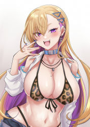 Rule 34 | 1girl, :d, animal print, bikini, blonde hair, boryeon (last origin), breasts, cleavage, detached sleeves, earrings, gradient background, hair ornament, hairclip, highres, huge breasts, jewelry, last origin, long hair, looking at viewer, mole, mole on breast, nail polish, navel, nkis45912708, open mouth, pendant, purple eyes, smile, solo, swimsuit, tiger print, upper body, white background