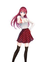 Rule 34 | 1girl, absurdres, black thighhighs, blue eyes, closed mouth, hand on own hip, highres, hitman (seo kouji), holding, long hair, long sleeves, looking at viewer, miniskirt, nib pen (object), official art, pen, plaid, plaid skirt, pleated skirt, red hair, red skirt, ribbed sweater, seo kouji, simple background, skirt, smile, solo, standing, straight hair, sweater, takanashi tsubasa (hitman), thighhighs, very long hair, white background, white sweater, zettai ryouiki