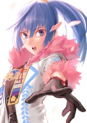 Rule 34 | 1girl, blue eyes, blue hair, breasts, coat, fur coat, gloves, highres, jacket, kilye kairi, long hair, looking at viewer, maria traydor, open mouth, ponytail, simple background, solo, star ocean, star ocean anamnesis, star ocean till the end of time, white background