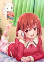 Rule 34 | 1girl, :3, :d, barefoot, bed, bedroom, blush, blush stickers, cellphone, chips (food), clenched hand, closed mouth, collarbone, commentary request, curtains, dbmaster, fairy, feet, food, gyuuki (yuyuyu), hair down, head tilt, highres, holding, holding phone, horns, indoors, leg up, long sleeves, looking at viewer, o o, on bed, open mouth, pajamas, phone, potato chips, red eyes, red hair, smartphone, smile, talking on phone, v-shaped eyebrows, yuuki yuuna, yuuki yuuna wa yuusha de aru, yuusha de aru