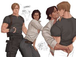 Rule 34 | 2boys, absurdres, ashley graham, bara, belt, black gloves, black hair, black pants, black shirt, blush, brown belt, brown hair, facial hair, gloves, gun, hand under clothes, highres, holster, iba (kcokaine), large pectorals, leon s. kennedy, luis sera, male focus, multiple boys, muscular, muscular male, pants, pectorals, resident evil, resident evil 4, resident evil 4 (remake), shirt, short hair, shoulder holster, simple background, sleeves rolled up, weapon, white background, white shirt, yaoi