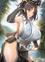 Rule 34 | 1girl, aquaplus, ass, blush, breasts, brown eyes, brown hair, cleavage, clothes pull, cowboy shot, from side, gigantic breasts, gloves, highres, hip vent, japanese clothes, kimono, looking at viewer, mahomi, medium hair, mountain, official art, open mouth, outdoors, pupps, raised eyebrows, shiny clothes, shiny skin, sideboob, sidelocks, solo, sweat, thighs, tree, utawarerumono, utawarerumono: lost flag, utawarerumono: lost flag support illustration relay, water, water drop, wet, wet clothes