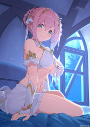 Rule 34 | 1girl, bare shoulders, bed, bed frame, bed sheet, blue eyes, blush, braid, braided hair rings, breasts, bridal gauntlets, cleavage, closed mouth, detached sleeves, from side, hair ornament, hair rings, highres, indoors, large breasts, looking at viewer, miniskirt, mizuki makoto, moonlight, navel, night, on bed, princess connect!, revealing clothes, short hair, short sleeves, skirt, smile, solo, stomach, thighs, underboob, white skirt, yui (ceremonial) (princess connect!), yui (princess connect!)