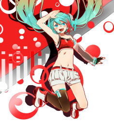 Rule 34 | 1girl, aqua eyes, aqua hair, asymmetrical clothes, cola miku, elbow gloves, fingerless gloves, gloves, hatsune miku, highres, jumping, keishi, long hair, looking at viewer, midriff, navel, open mouth, single thighhigh, smile, solo, thighhighs, twintails, very long hair, vocaloid