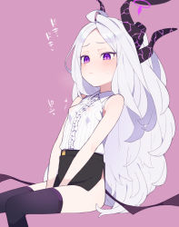 Rule 34 | 1girl, ahoge, black skirt, blue archive, blush, breasts, covered erect nipples, halo, hina (blue archive), horns, long hair, low wings, moyori, multiple horns, pencil skirt, pink background, purple thighhighs, shirt, simple background, sitting, skirt, sleeveless, sleeveless shirt, small breasts, solo, sweat, thighhighs, very long hair, white hair, white shirt, wings