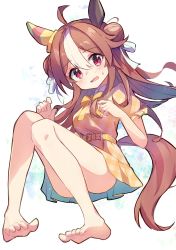 Rule 34 | 1girl, ahoge, animal ears, barefoot, blush, brown hair, commentary request, copano rickey (umamusume), dress, ear covers, full body, haemori ako, hair between eyes, highres, horse ears, horse tail, legs, long hair, looking at viewer, multicolored hair, open mouth, red eyes, solo, streaked hair, tail, toes, umamusume, white hair, yellow dress