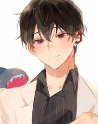 Rule 34 | 1boy, black eyes, black hair, black shirt, blue eyes, blush, closed mouth, collared shirt, commentary request, eoduun badaui deungbul-i doeeo, hair between eyes, heterochromia, highres, korean commentary, lab coat, looking at viewer, male focus, park moo-hyun, seodae 7810, shirt, short hair, simple background, smile, solo, striped clothes, striped shirt, stuffed animal, stuffed shark, stuffed toy, upper body, vertical-striped clothes, vertical-striped shirt, white background