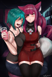 Rule 34 | 2girls, absurdres, animal ears, aqua hair, artificial eye, artist name, bar (place), bare shoulders, black gloves, black thighhighs, blunt bangs, blush, breasts, cowboy shot, cross, cup, dress, drill hair, elbow gloves, gloves, hand on another&#039;s hip, highres, holding, holding cup, hug, indoors, kuri (tastykuri), looking at another, mechanical eye, medium breasts, multiple girls, muscular, red dress, red eyes, red hair, sei asagiri, sitting, stella hoshii, thighhighs, va-11 hall-a, yuri