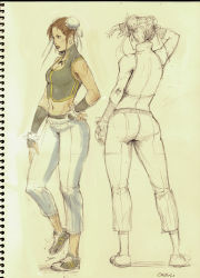 Rule 34 | 1girl, alternate costume, bracelet, bracer, breasts, brown hair, bun cover, capcom, casual, chun-li, cleavage, cleavage cutout, clothing cutout, crop top, double bun, earrings, full body, hand on own hip, jewelry, midriff, pants, rejean dubois, shoes, short hair, sleeveless, sneakers, solo, spiked bracelet, spikes, street fighter