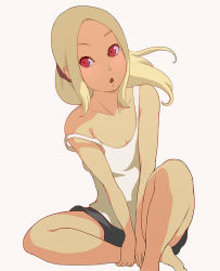 Rule 34 | 1girl, barefoot, black shorts, breasts, collarbone, commentary request, dark-skinned female, dark skin, foot out of frame, forehead, gravity daze, grey background, holding leg, kitten (gravity daze), knee up, leaning to the side, long hair, official alternate costume, official art, open mouth, red eyes, saitou shunsuke, shirt, shorts, sidelocks, simple background, sitting, small breasts, solo, strap slip, tank top, teeth, upper teeth only, white shirt