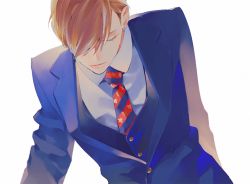 Rule 34 | 1boy, a8fsk6214, blonde hair, blue jacket, buttons, collared shirt, commentary request, ear piercing, closed eyes, formal, hair over one eye, jacket, kise ryouta, kuroko no basuke, long sleeves, male focus, necktie, parted lips, piercing, shirt, short hair, solo, vest, white shirt